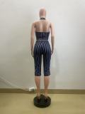 Stripe Sleeveless Tops Seventh Pants Suit QOUY-6063