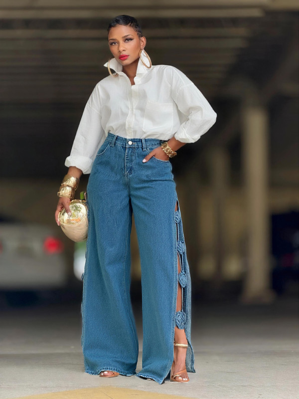 Hollow Out Split Floral Jeans GYLN-8714
