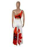 Floral Print Single Shoulder Wide-Leg Pants Two-Piece Set SHD-9738