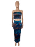 Wrap Chest Print Tops Long Skirts Suit SHD-9742