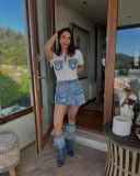 Short Sleeve Zipper Denim Patchwork Mini Dress ORY-5272