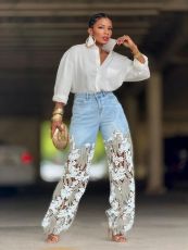 Plus Size Lace Patchwork Washed Jeans GYLN-7795