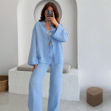 Solid Color Tie Up Long Sleeve Pants Suit SSNF-211496