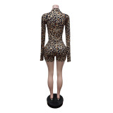 Leopard Print Long Sleeve Zipper Short Suit MEM-88654