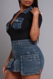 Short Sleeve Zipper Denim Patchwork Mini Dress ORY-5272