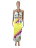 Halterneck Print Vest Split Long Skirts Suit SHD-9770