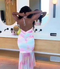 Sexy Backless Pleated Irregular Print Midi Dress GXIN-8851