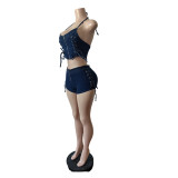 Fashion Denim Tie Up Zipper Vest Shorts Suit MEM-88653