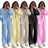 Solid Color Tie Up Long Sleeve Pants Suit SSNF-211496