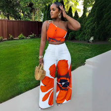 Floral Print Single Shoulder Wide-Leg Pants Two-Piece Set SHD-9738