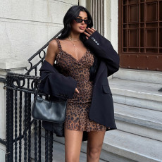 Mesh Leopard Print Sling Mini Dress GPKJ-KJ26392