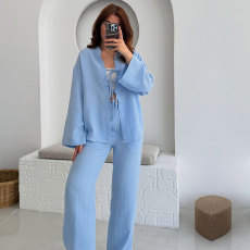 Solid Color Tie Up Long Sleeve Pants Suit SSNF-211496