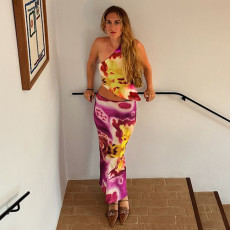 Print Single Shoulder Tops And Long Skirts Suit GPKJ-KJ27626