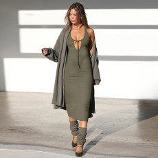 Solid Color Hollow Out Tie Knits Midi Dress GPKJ-KJ11831