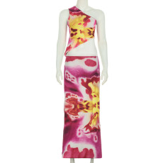 Print Single Shoulder Tops And Long Skirts Suit GPKJ-KJ27626