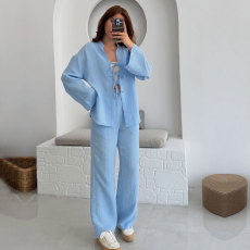 Solid Color Tie Up Long Sleeve Pants Suit SSNF-211496