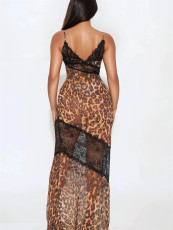 Leopard Print Lace See Through Maxi Dress GXIY-K25L313