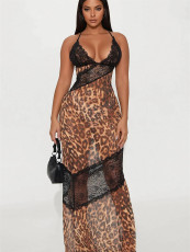 Leopard Print Lace See Through Maxi Dress GXIY-K25L313