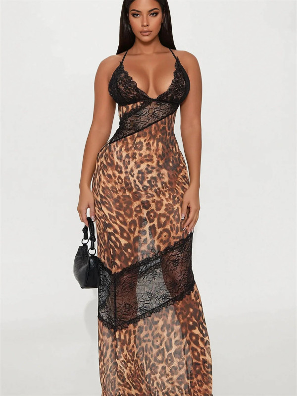 Leopard Print Lace See Through Maxi Dress GXIY-K25L313