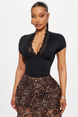 Lace Patchwork V Neck T Shirt GXIY-K25L439