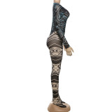 Mesh Print Long Sleeve Bodysuit Two Piece Pants Set DLSF-K25S74505
