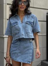 V Neck Short Sleeve Denim Two Piece Skirts Set XCFF-12718
