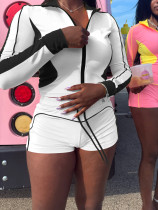 Contast Color Patchwork Zipper Sport Shorts Suit QXLB-10136