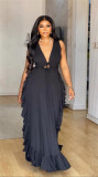 V Neck Tie Up Ruffles Long Dress GMSF-9270
