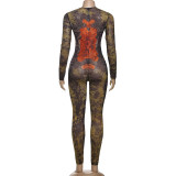 Mesh Print Long Sleeve Zipper Jumpsuit XEF-K25Q75938