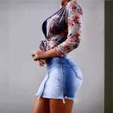 Plus Size Gradient Color Holes Zipper Denim Skirt XCFF-200403
