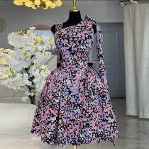 Bow Printed Mid-Length Dress GMSF-9272