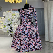 Bow Printed Mid-Length Dress GMSF-9272