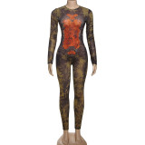 Mesh Print Long Sleeve Zipper Jumpsuit XEF-K25Q75938