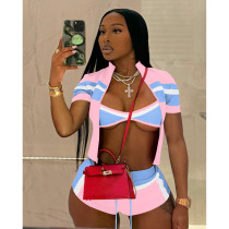 Contrast Color Print Short Sleeve Three Piece Shorts Set QXLB-10138