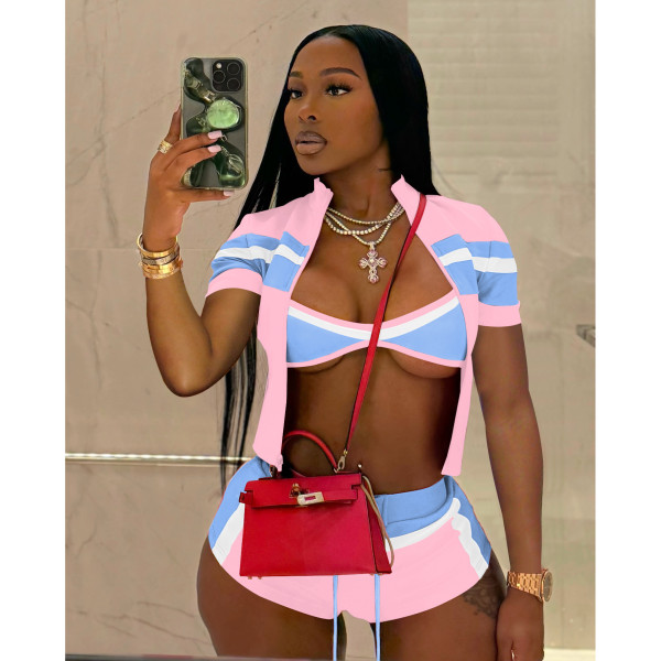 Contrast Color Print Short Sleeve Three Piece Shorts Set QXLB-10138