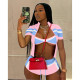 Contrast Color Print Short Sleeve Three Piece Shorts Set QXLB-10138