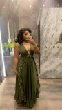 V Neck Tie Up Ruffles Long Dress GMSF-9270