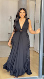 V Neck Tie Up Ruffles Long Dress GMSF-9270
