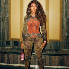 Mesh Print Long Sleeve Zipper Jumpsuit XEF-K25Q75938