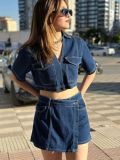 V Neck Short Sleeve Denim Two Piece Skirts Set XCFF-12718