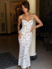 Lace Patchwork Sling Backless Maxi Dress JHYB-551