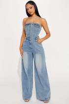 Fashion Wrap Chest Denim Wide Leg Jumpsuit LX-6999