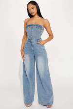 Fashion Wrap Chest Denim Wide Leg Jumpsuit LX-6999