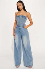 Fashion Wrap Chest Denim Wide Leg Jumpsuit LX-6999
