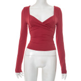 Solid Color Square Neck Long Sleeve Tops GDSF-D25TP270