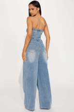 Fashion Wrap Chest Denim Wide Leg Jumpsuit LX-6999
