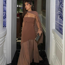 Backless Mesh Patchwork Maxi Dress With Scarf GAXB-G1049DS