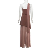 Backless Mesh Patchwork Maxi Dress With Scarf GAXB-G1049DS