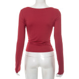 Solid Color Square Neck Long Sleeve Tops GDSF-D25TP270