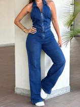 Vintage Backless Zipper Denim Jumpsuit LX-6065